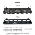 Black ABS plastic wall-mounted fishing rod storage rack showing horizontal and upright mounting options