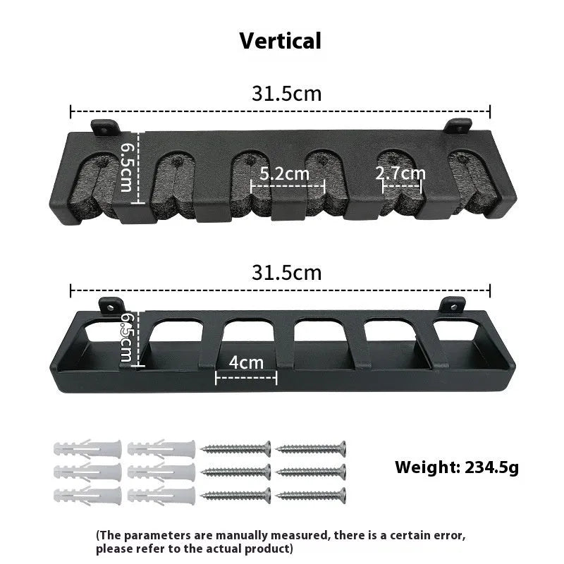 Black ABS plastic wall-mounted fishing rod storage rack showing horizontal and upright mounting options