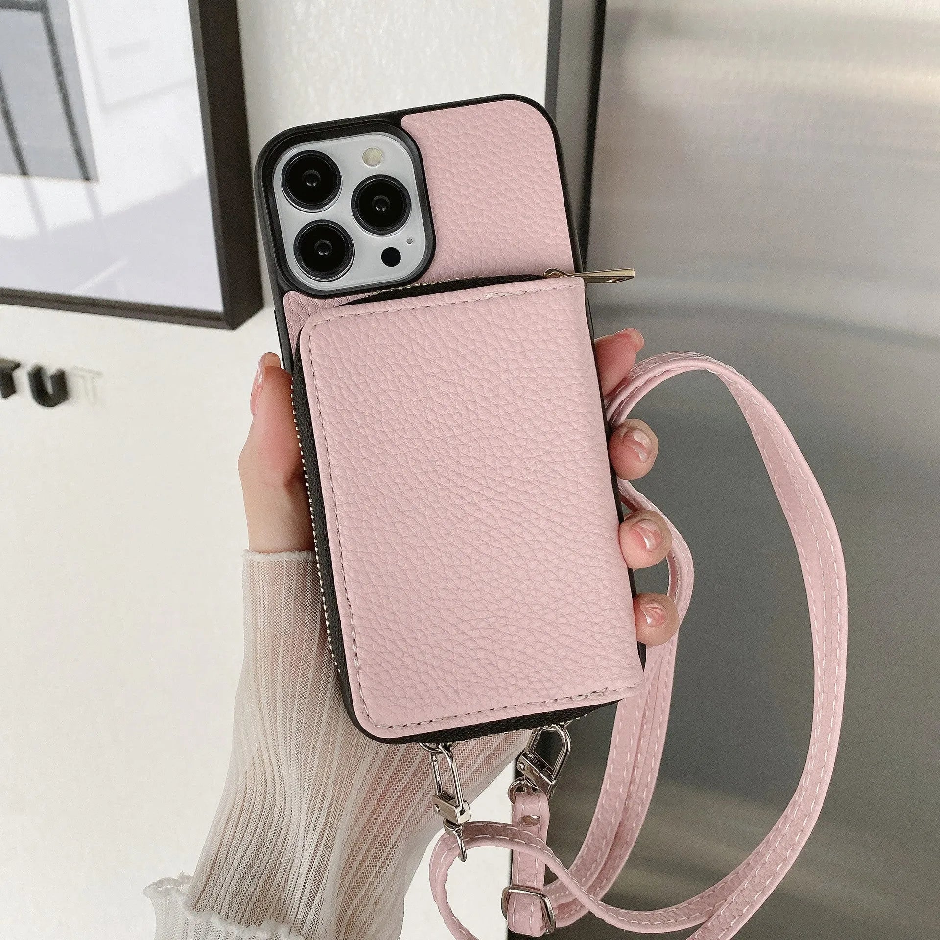 Litchi patterned iPhone protective case in PC and leather showing colour options.