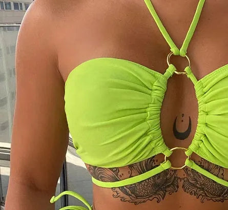 Yellow green women's triangle bikini with lace-up front and matching bottoms