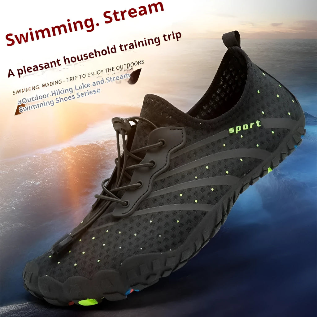 Low-top outdoor fitness shoes in army green with mesh fabric upper and rubber sole for beach wading.