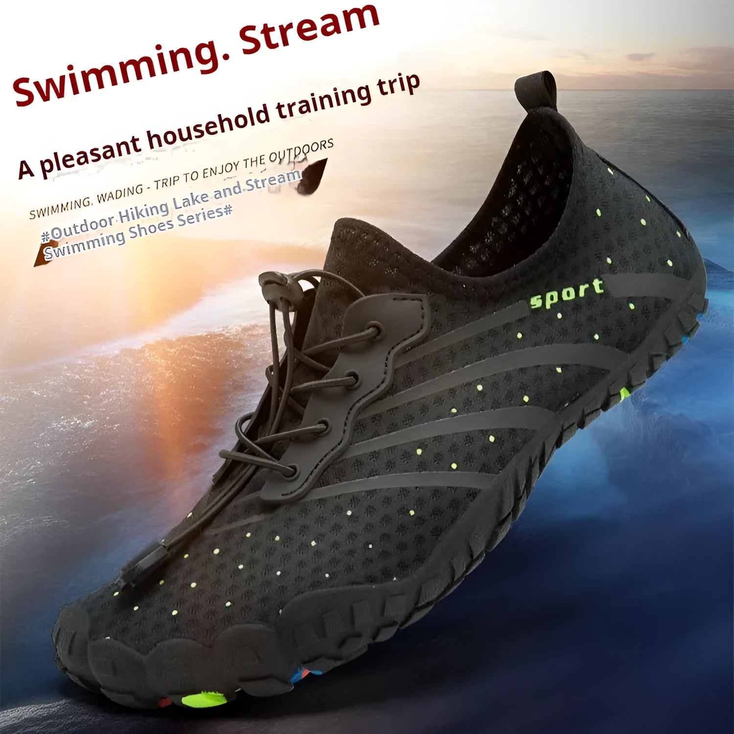 Low-top outdoor fitness shoes in army green with mesh fabric upper and rubber sole for beach wading.