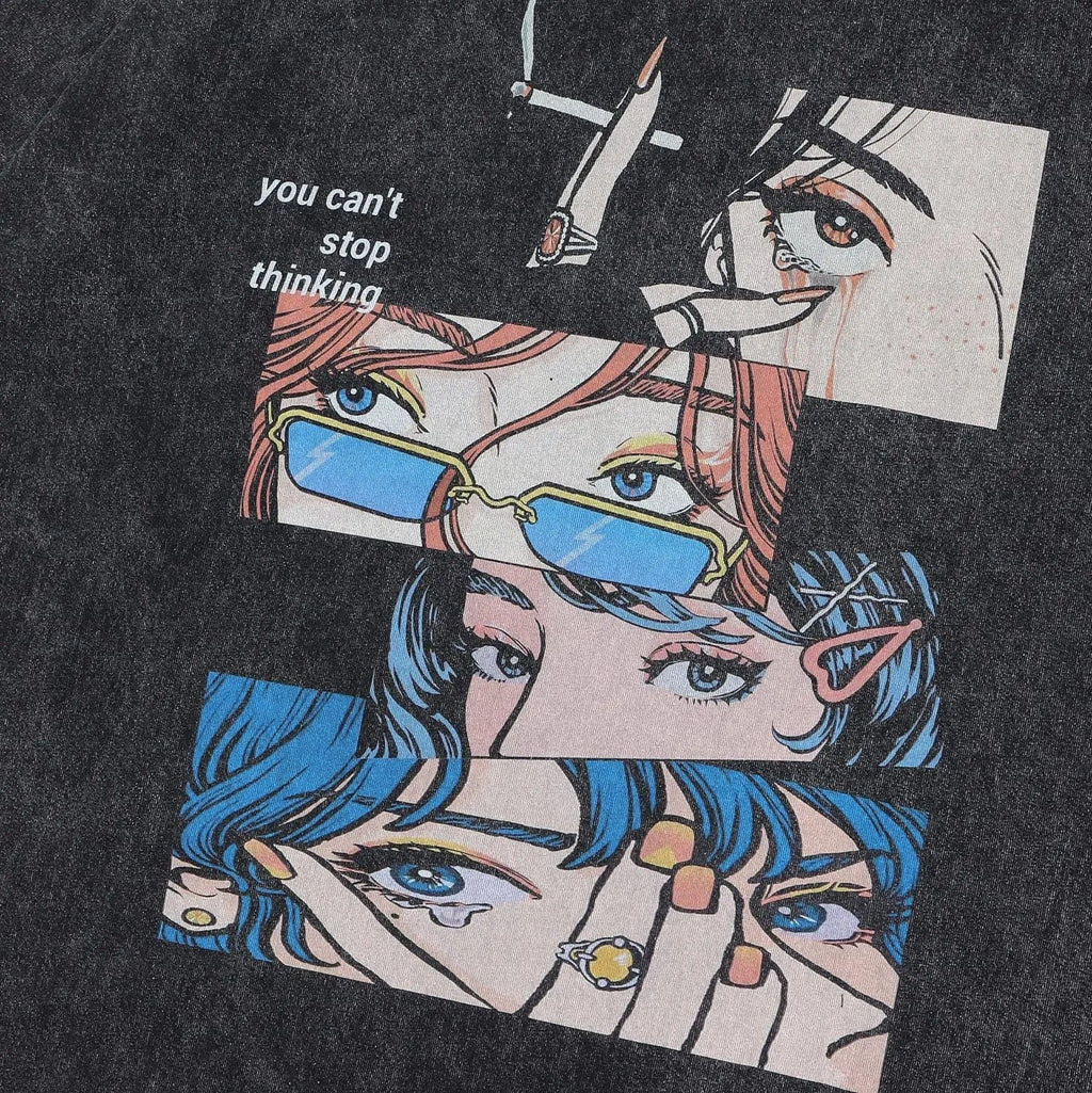Retro cotton-padded cartoon print t-shirt in washed black with loose fit and short sleeves for street hip hop style