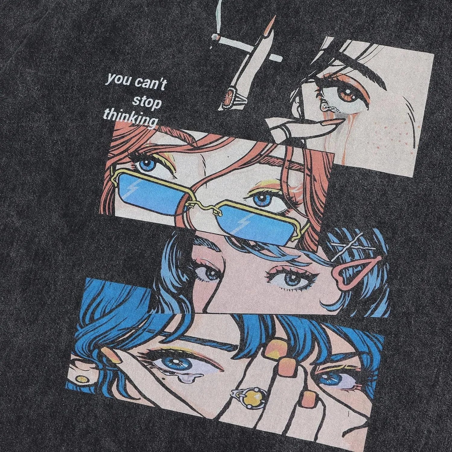 Retro cotton-padded cartoon print t-shirt in washed black with loose fit and short sleeves for street hip hop style