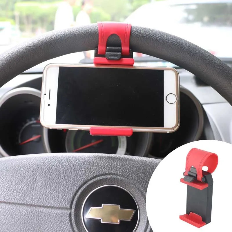 Black steering wheel phone holder mounted showing phone compatibility with dimensions 75x40x25mm