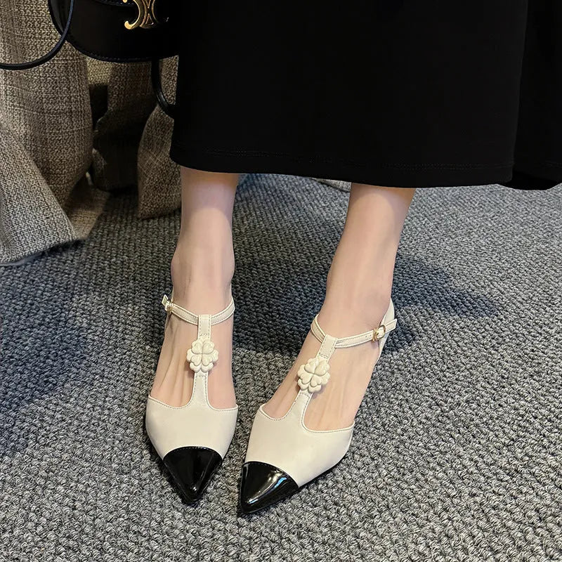 Women's flower stiletto heel pointed toe shoes in black, gold, or milky white with 3-5cm heel and buckle details