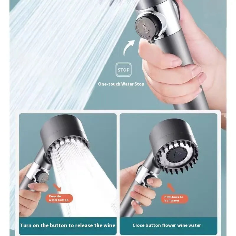 Portable shower head with adjustable settings for spray, massage, and rain functions, made from ABS material.