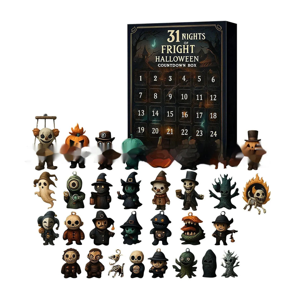 Halloween themed countdown box with plastic and resin construction for Christmas advent calendar use