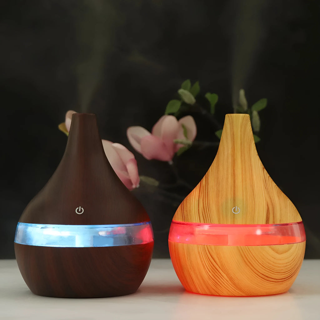Columnar USB mini air humidifier in light wood grain finish with remote control