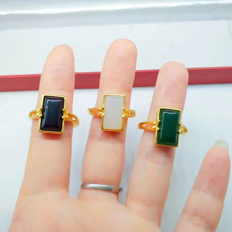 Adjustable brass gold-plated ring with electroplated finish and inlaid gemstone in choice of colours