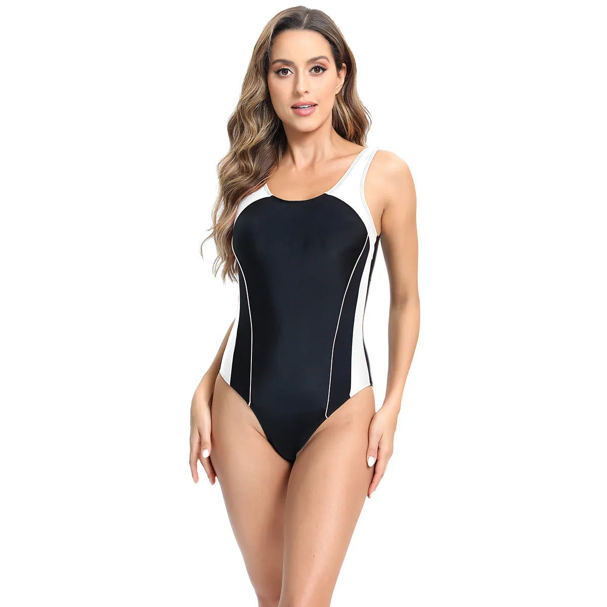 Blue one-piece tight briefs sports swimsuit with chemical fibre blend fabric and conservative design