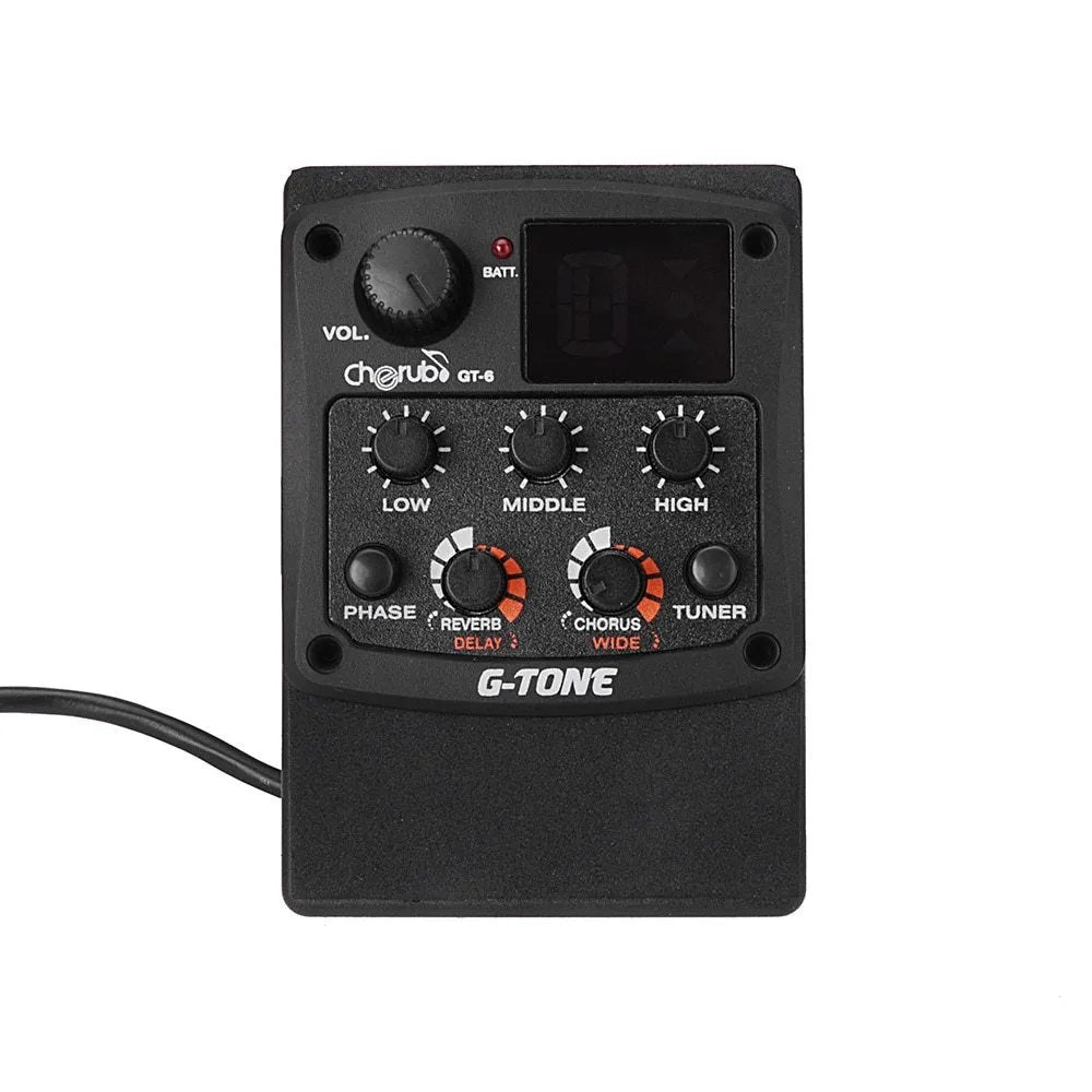 Cherub GT-6 black acoustic guitar soundhole pickup and EQ unit with control knobs.