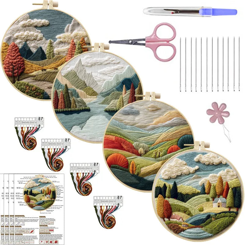 Embroidery DIY landscape kit with bamboo-style frame, pre-printed cotton fabric, embroidery threads, and needles
