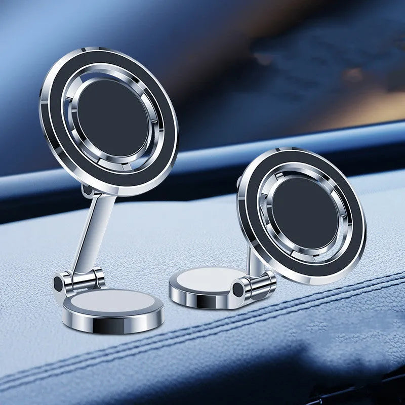 Mobile phone holder with flexible clip and 360-degree rotation bracket mounted on a car instrument panel in obsidian black.