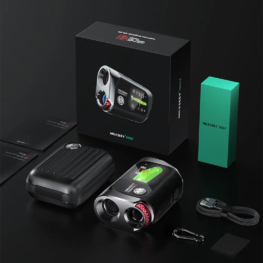 GenePro G1 black GPS rangefinder showing 2.13-inch AMOLED screen with distance measurement display