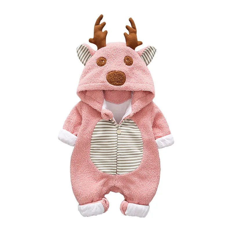 Baby wearing a long-sleeve cotton blend romper with a lace-up strap closure