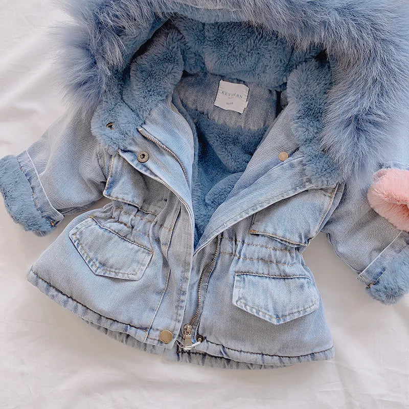 Girls blue denim coat with attached hat and velvet lining for winter wear