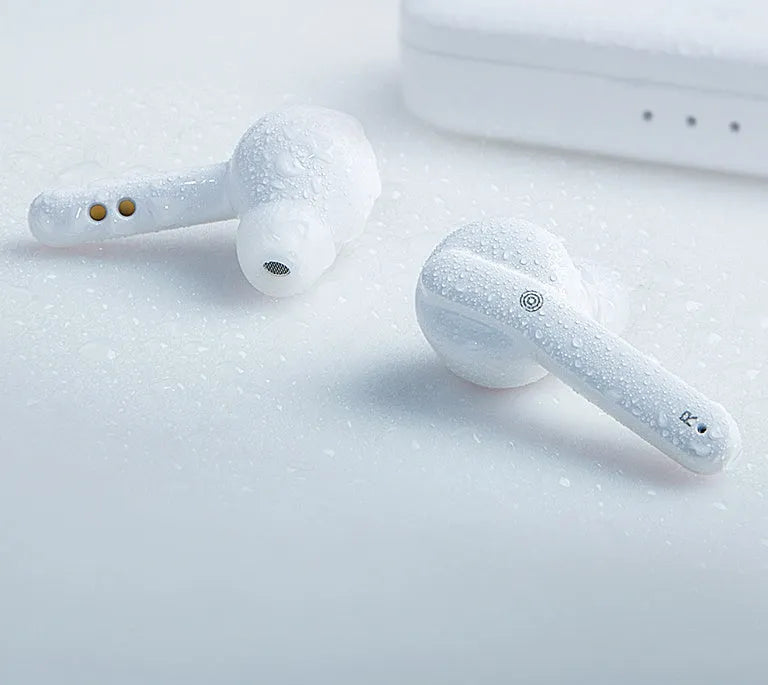 Black TWS wireless earbuds with charging case showing Bluetooth 5.0 and IPX5 waterproof features
