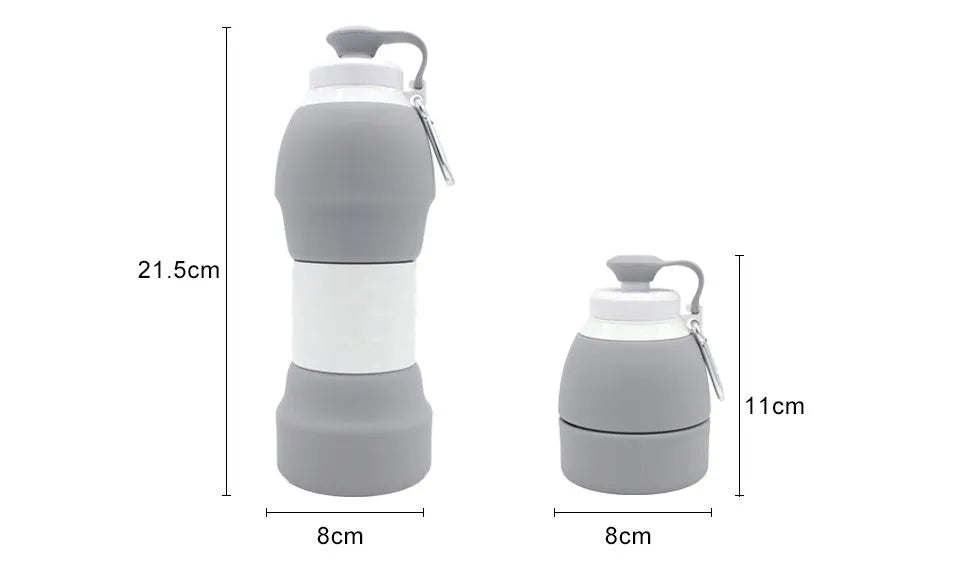 Blue silicone folding water bottle shown full at 22cm tall and folded flat at 11cm tall