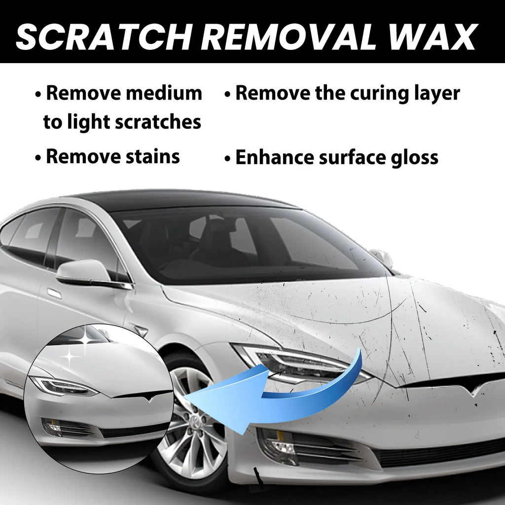 Car paint scratch repair wax kit showing 120ml tube, application sponge, and buffing towel on a clean surface.