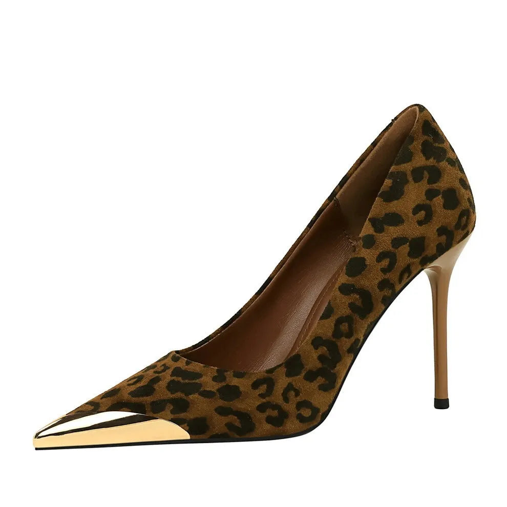 Women's suede stiletto high heels, pointed toe, over 8cm heel, leopard print, brown, black or anchood, sizes 34-40