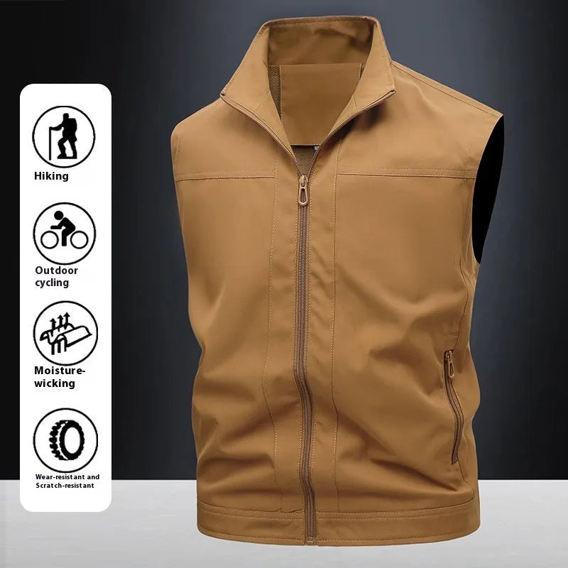 Men's loose-fit stand-up collar workwear shirt in khaki colour showing quick-drying fabric texture