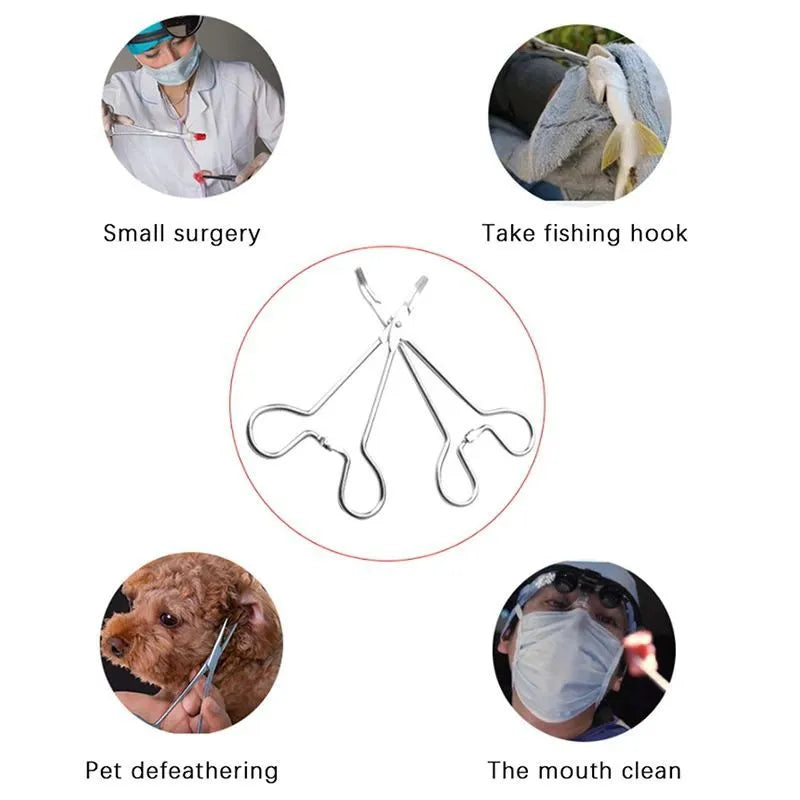 Silver stainless steel pet grooming tweezers with curved tip for ear hair removal and cleaning