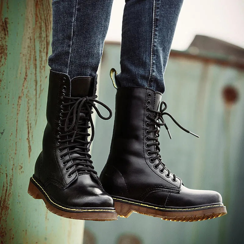 Men's black leather lace-up high-top casual shoes with a round toe, shown on a white background.