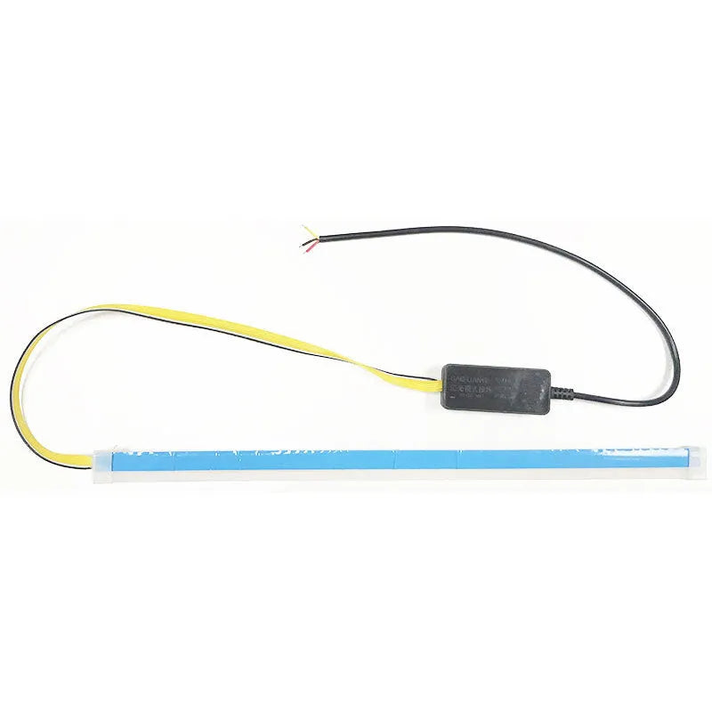 Car LED daytime running light strip with flowing turn signal, showing 0.3cm thickness and wiring connections
