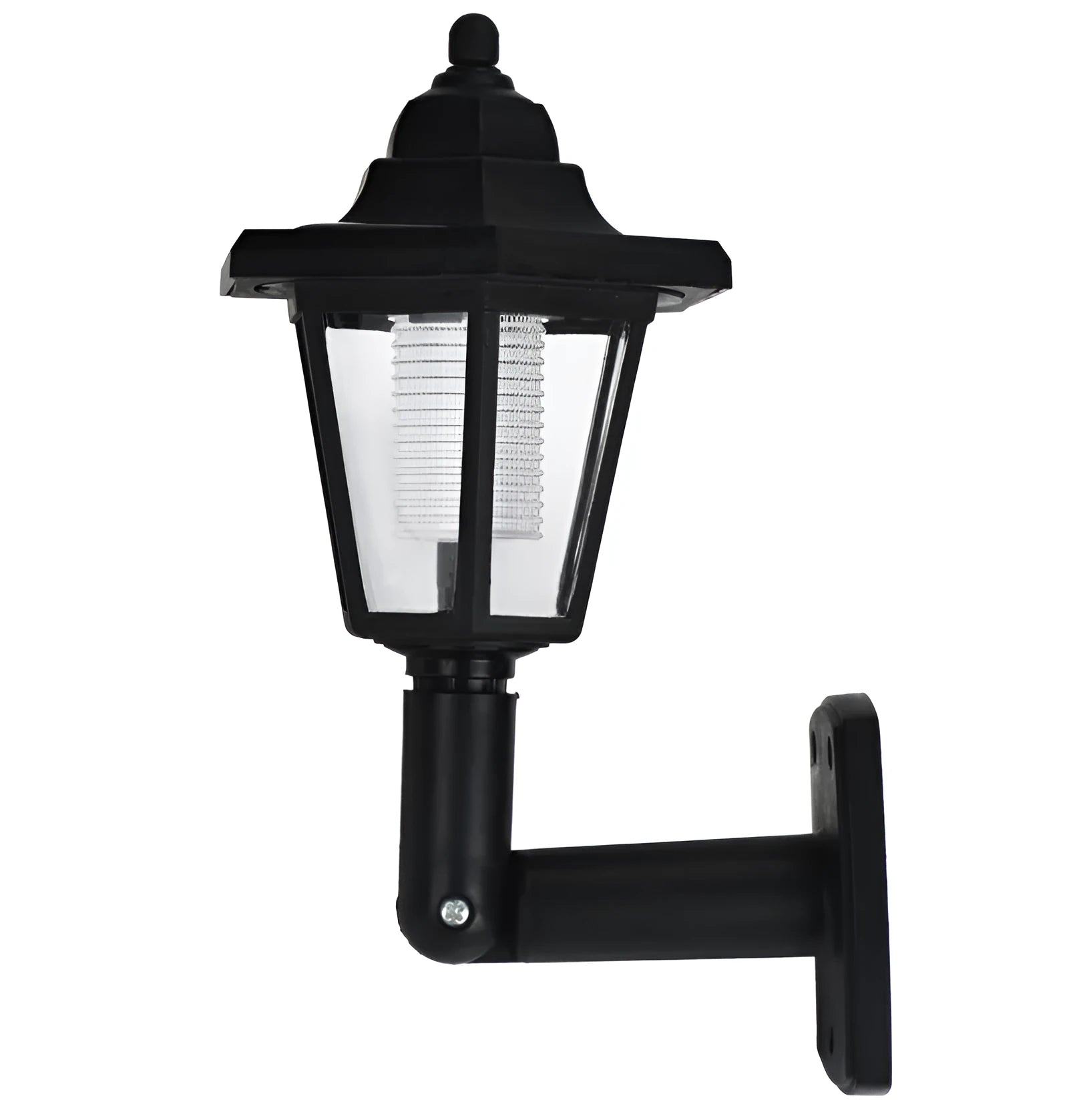 Black hexagonal solar-powered LED wall light for outdoor garden use.