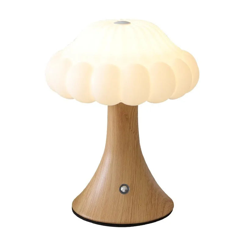 Mushroom-shaped touch night lamp in wood grain colour, 160mm diameter, for bar or cafe decoration