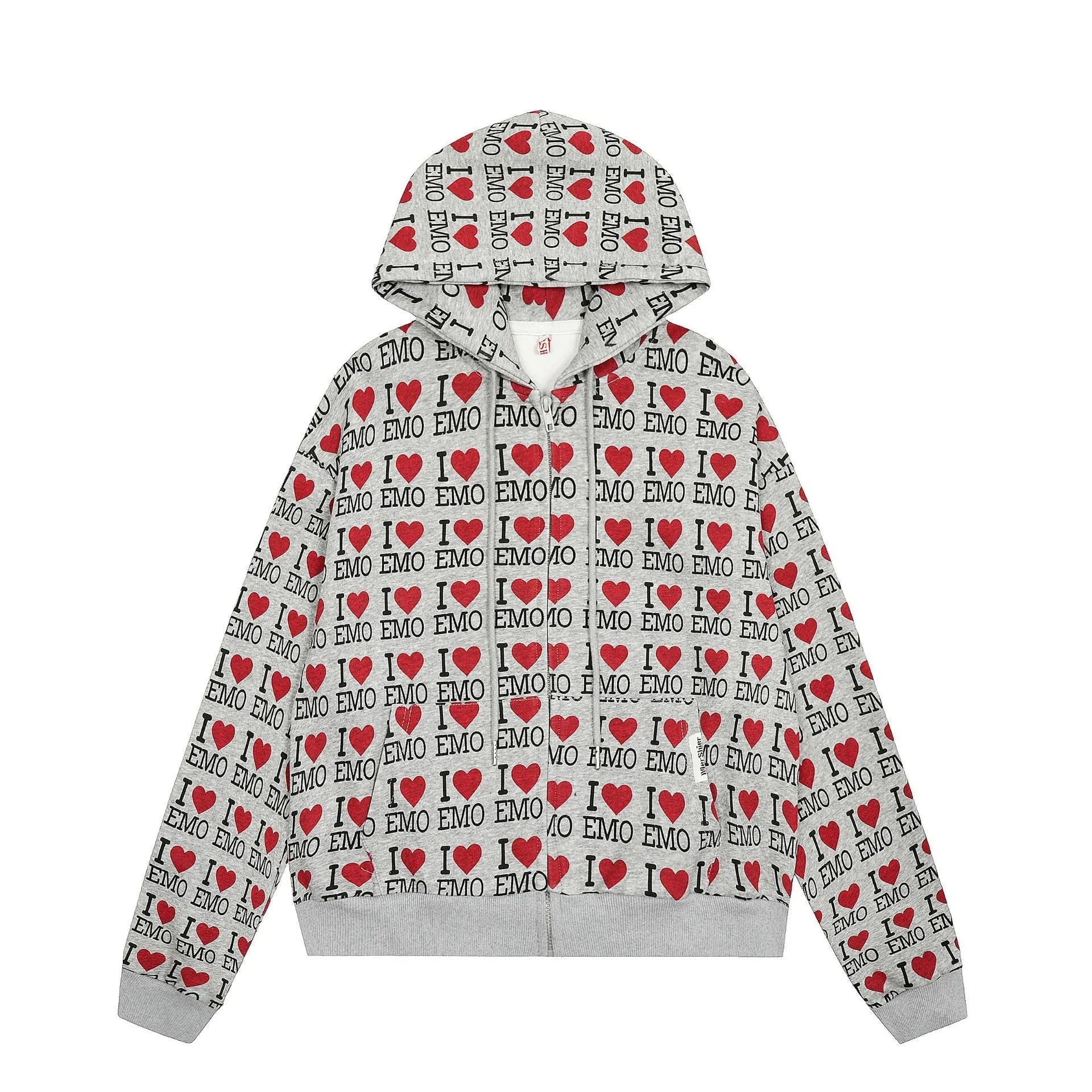 Women's melange grey hooded cardigan with retro pattern, long sleeves, and medium-thickness cotton construction
