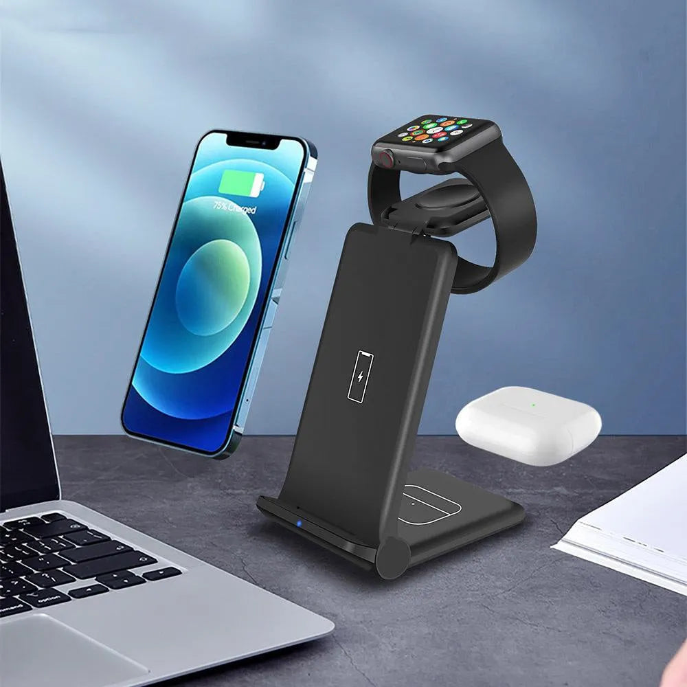 Foldable 3-in-1 wireless charger station in black or white, charging iPhone, Samsung phone, AirPods, and Apple Watch