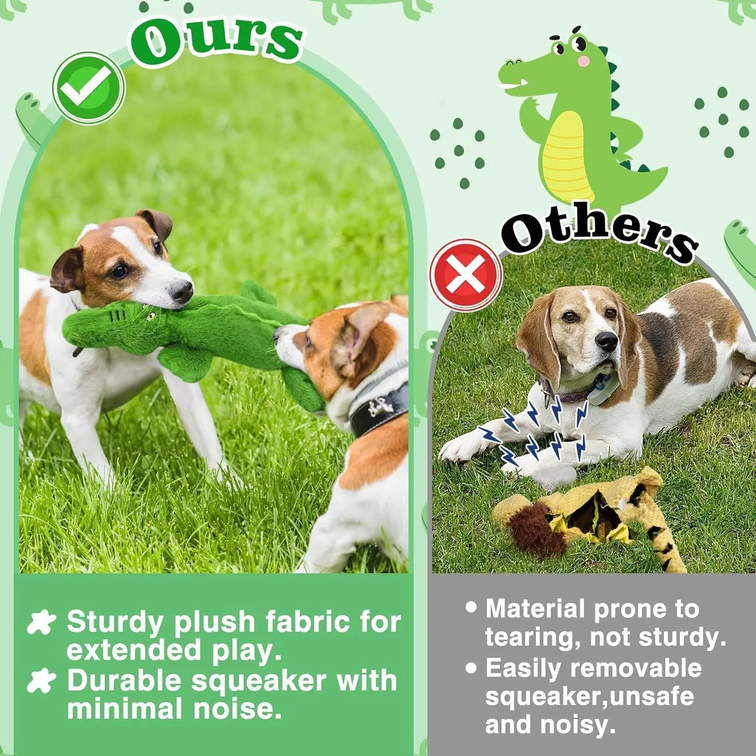 Green crocodile-shaped dog toy with no stuffing, measuring 20cm long with squeaker in head and crinkle tail
