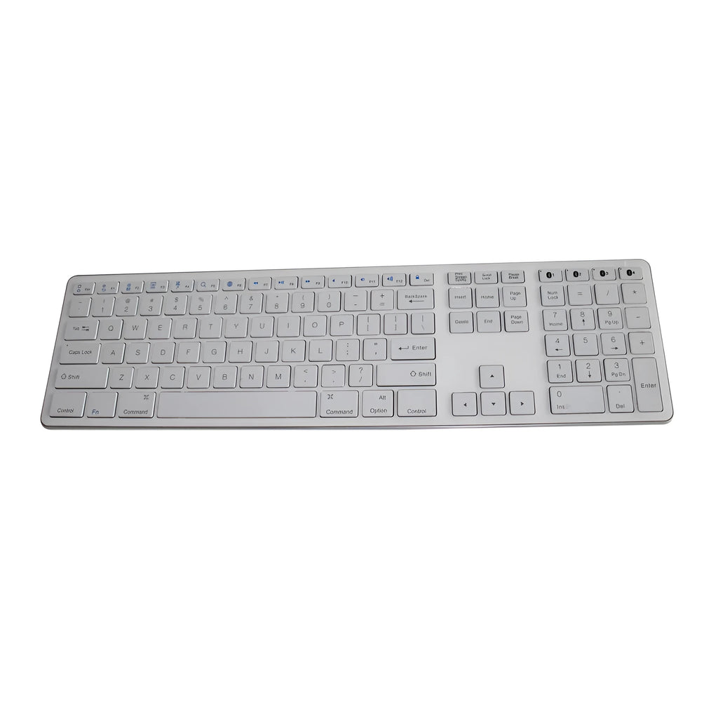 White Bluetooth wireless keyboard with 109 keys and a three-key zone on a desk.