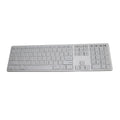 White Bluetooth wireless keyboard with 109 keys and a three-key zone on a desk.