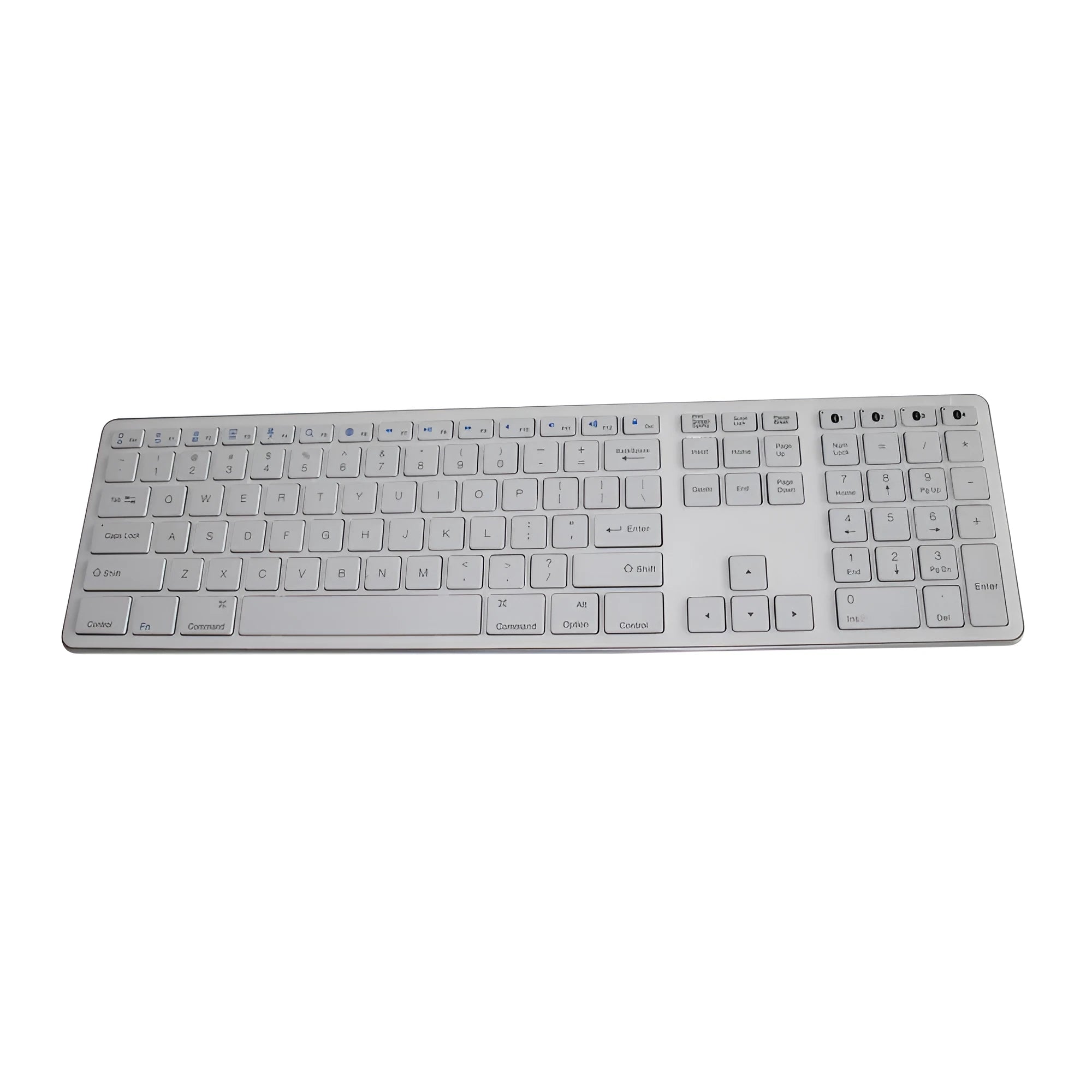 White Bluetooth wireless keyboard with 109 keys and a three-key zone on a desk.