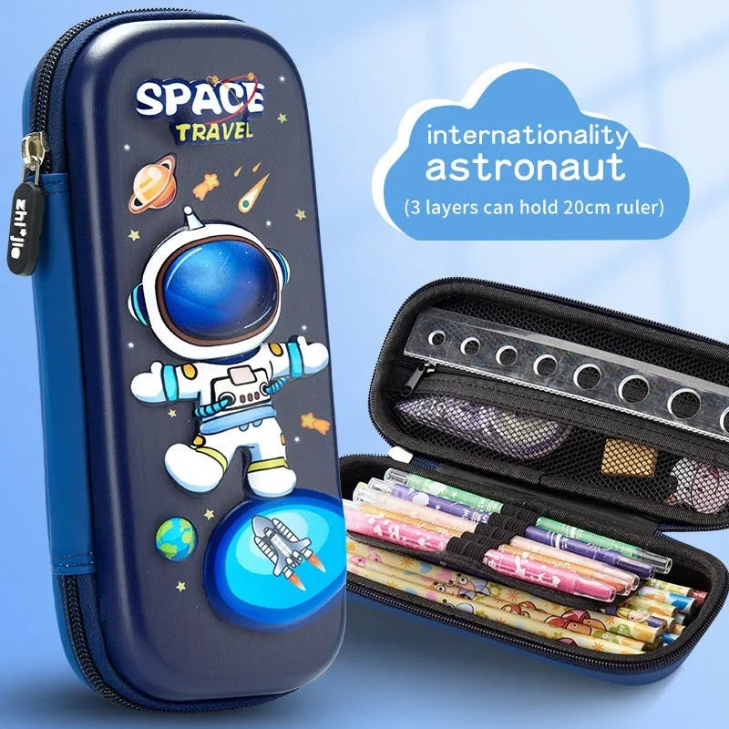 3D leather pencil case with zipper closure showing decorative space theme design