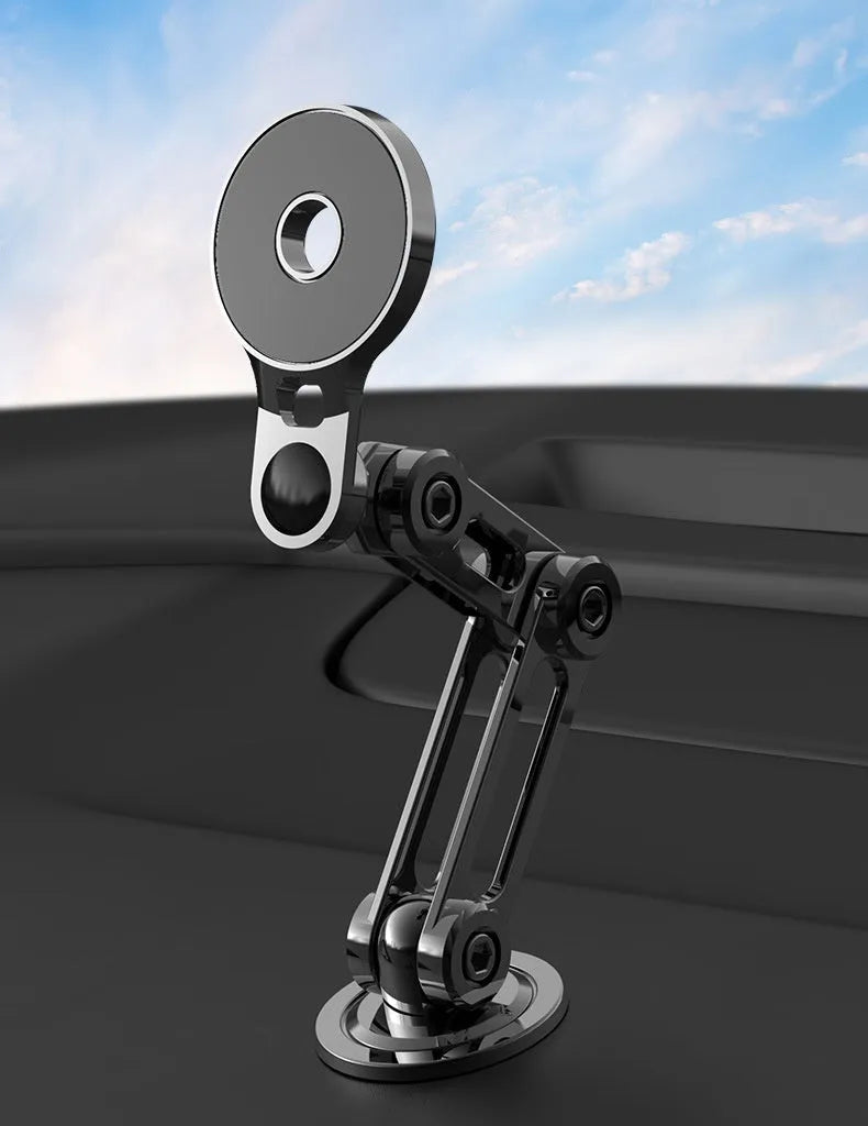 Black magnetic car phone holder with dashboard clip for secure smartphone mounting during driving