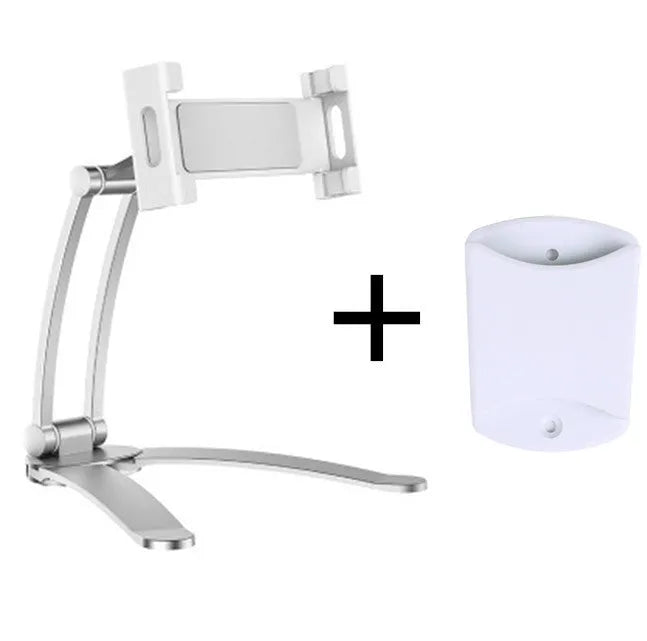 Aluminium alloy desktop tablet stand with adjustable clips and 360-degree rotation for tablets up to 10.5 inches