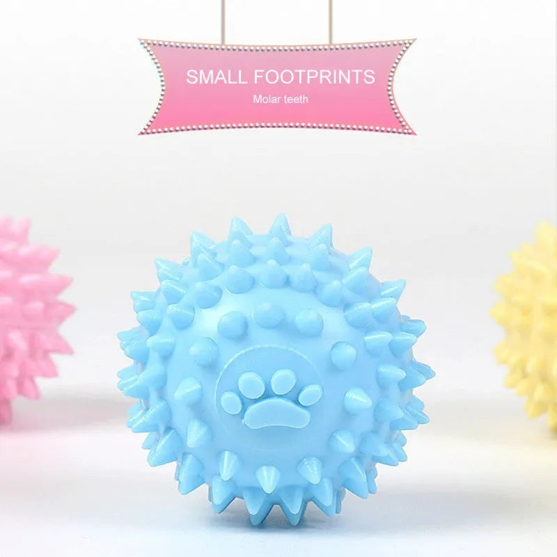 Blue TPR footprint-shaped dog chew toy for tooth cleaning, 6cm in diameter.