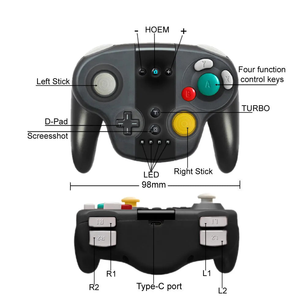 Black wireless gamepad with NFC and gyroscope for Nintendo Switch and Windows PCs, showing Type-C port and dual vibration