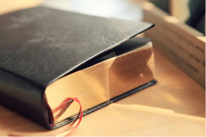 Large thick leather notebook 17 x 12 cm with 480 pages and gold or white cover.