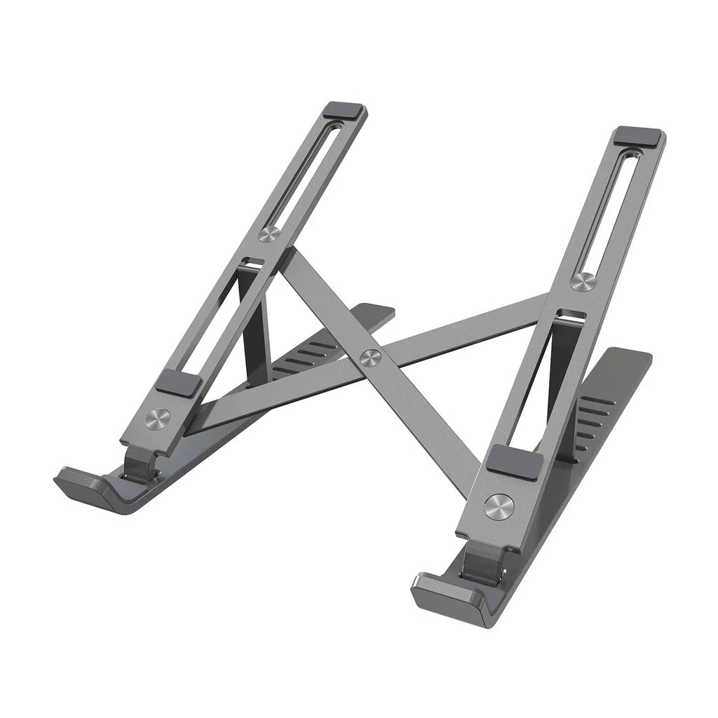 Silver aluminium laptop stand with six-height adjustment gears beside a black laptop on a desk
