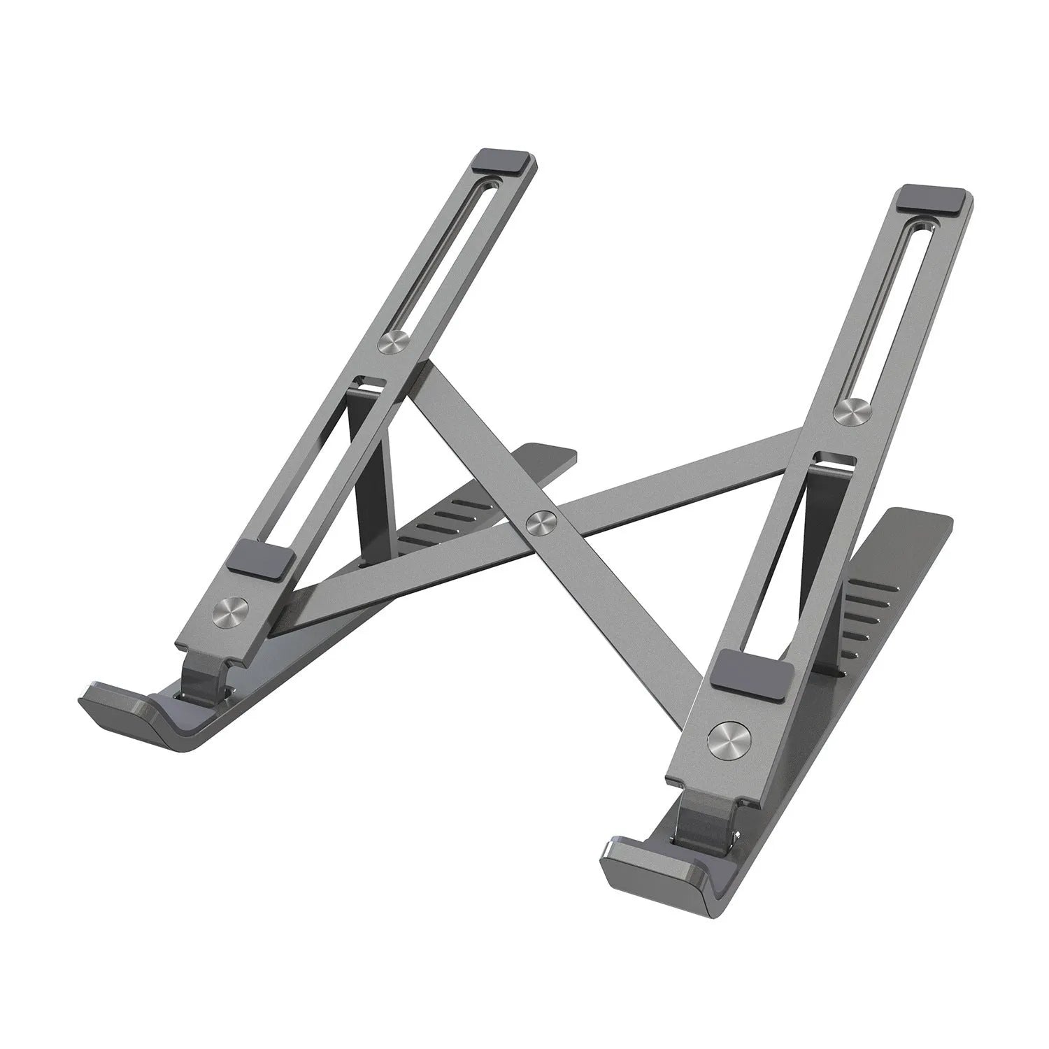 Silver aluminium laptop stand with six-height adjustment gears beside a black laptop on a desk