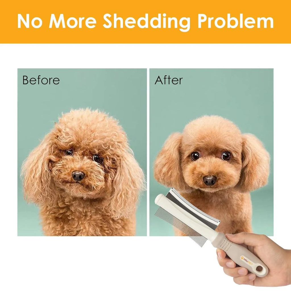 White 2 in 1 dog cat deshedding brush with curved comb design and anti-slip handle for pet grooming