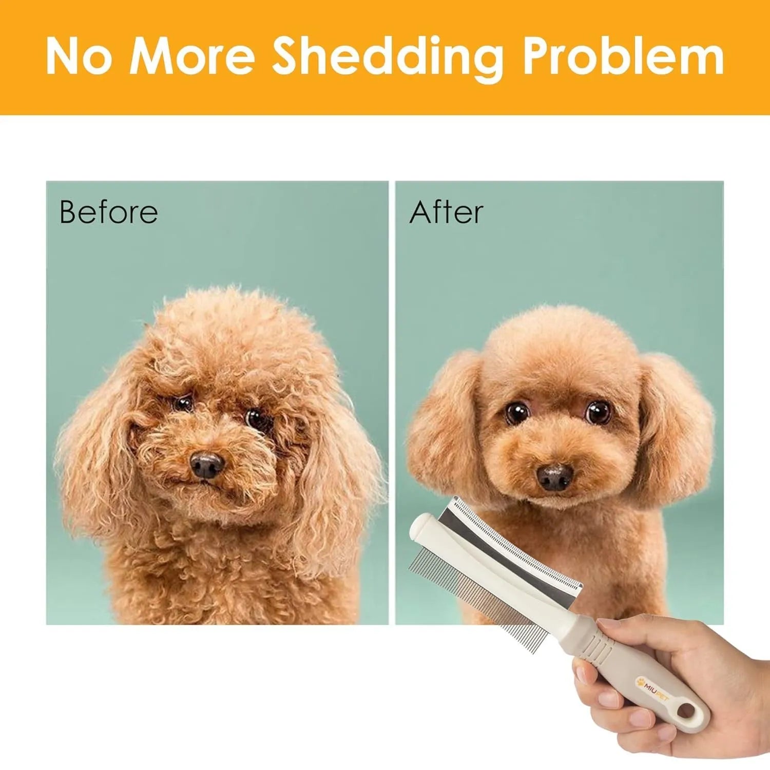 White 2 in 1 dog cat deshedding brush with curved comb design and anti-slip handle for pet grooming