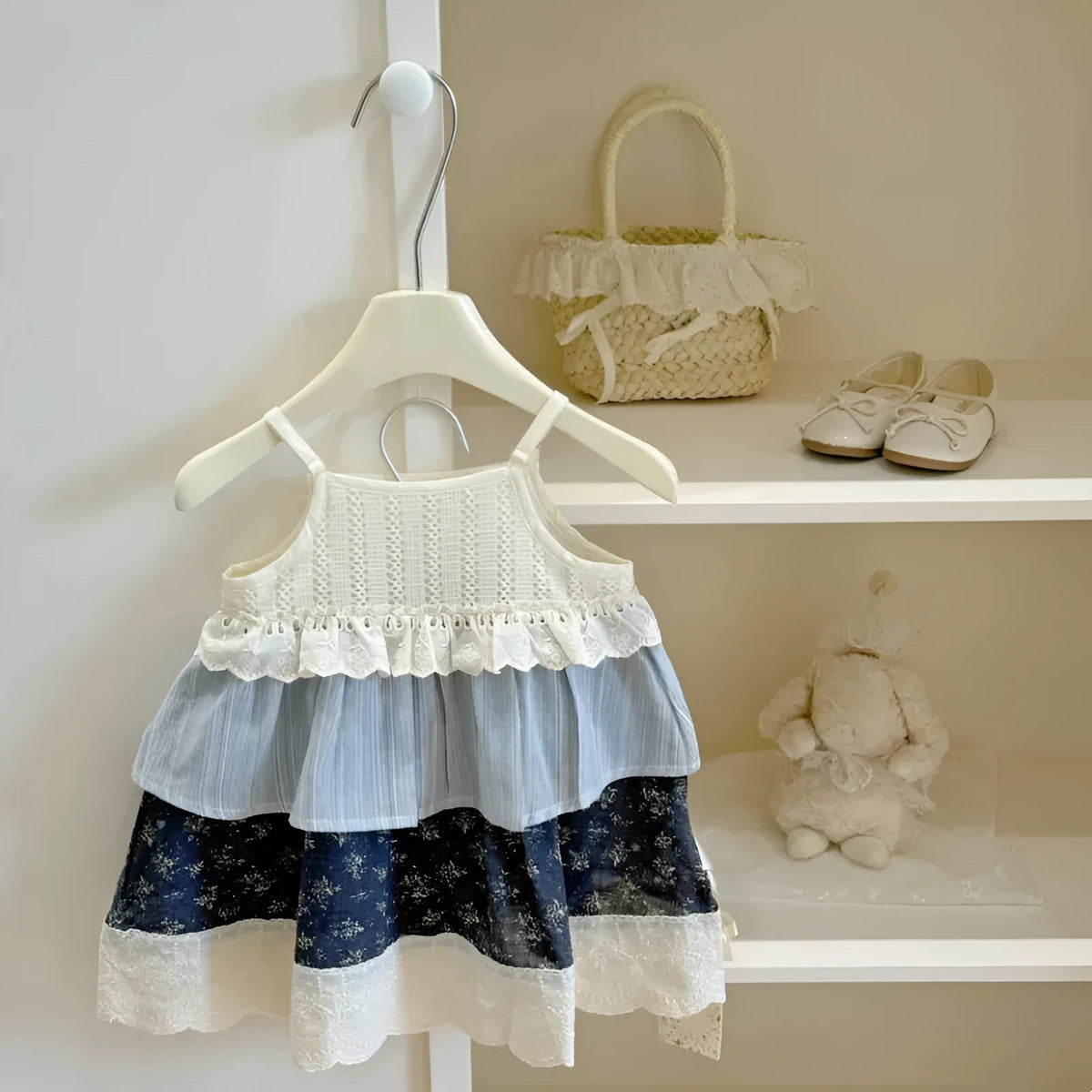 Girls' floral sling spliced princess dress, sleeveless cotton lined, floral skirt 7 385, 80-140cm heights
