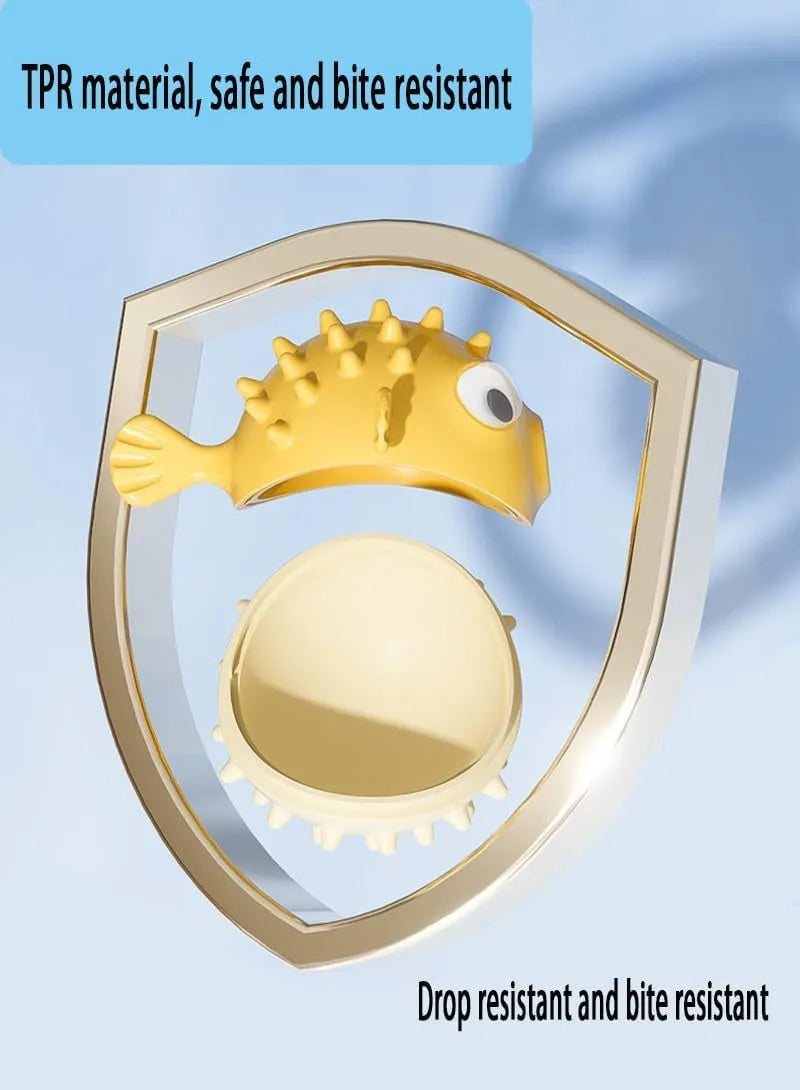Green fish-shaped interactive dog toy with treat dispensing feature and dental cleaning particles