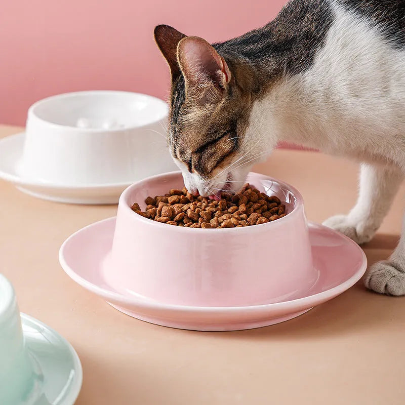Green ceramic slow feeder pet bowl with maze pattern and non-slip silicone base on a kitchen floor.